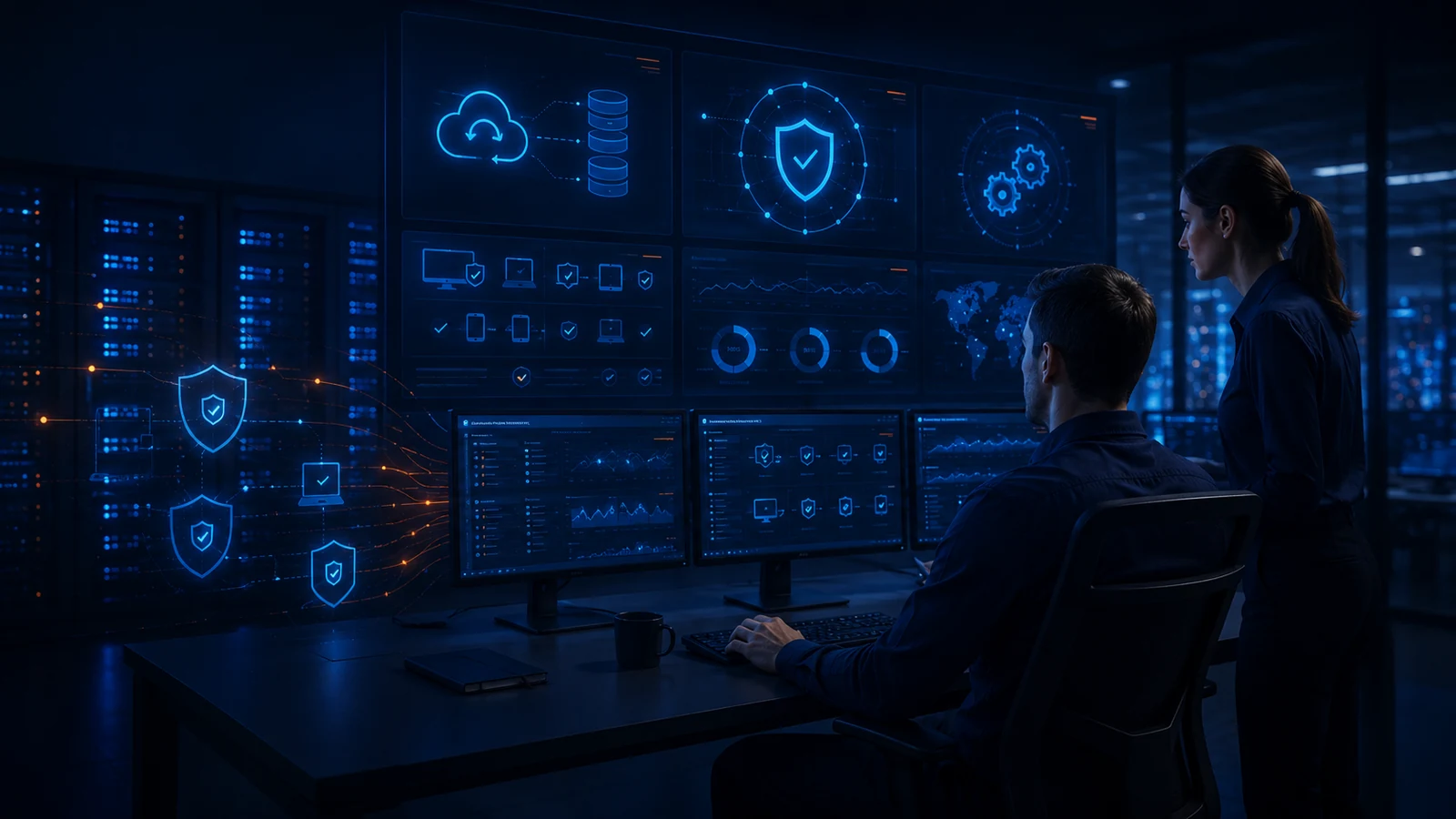 IT-Team überwacht Backup, Endpoint Protection und Patch Management in einem modernen Security Operations Umfeld.