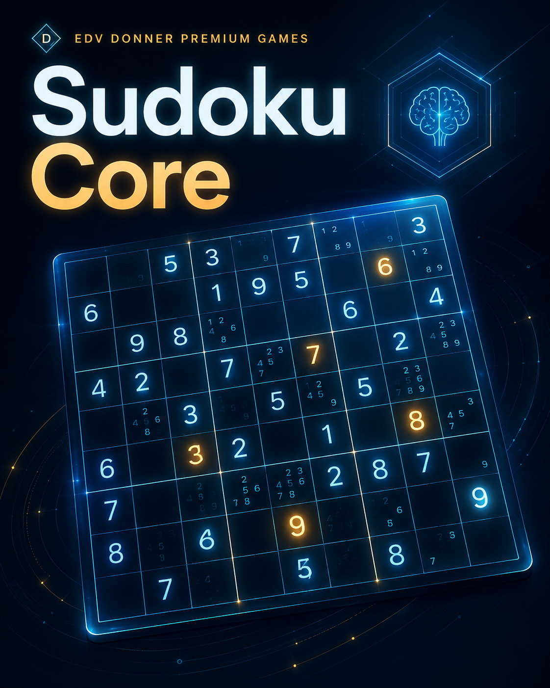 Sudoku Core als Premium-Spielvorschau im EDV-Donner-Look.